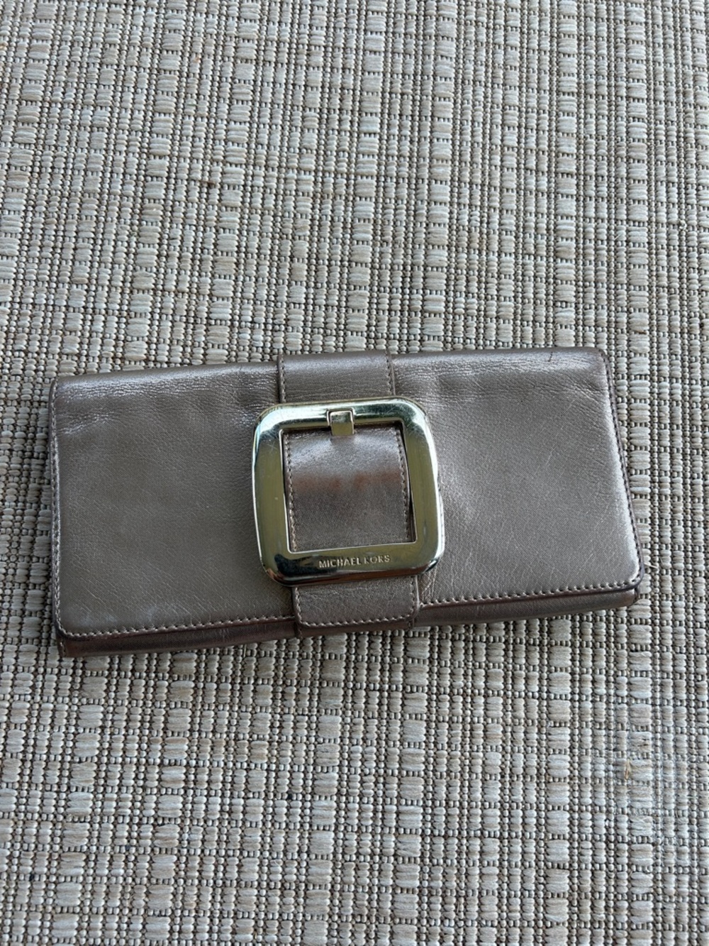Michael Kors Metallic Taupe Bronze Hold Leather Clutch Purse Handbag Evening Bag